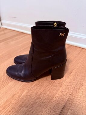 Stuart Weitzman Black Leather Ankle Boots with Gold Logo